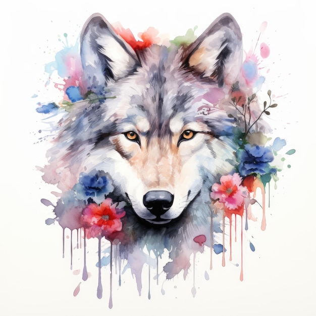 Lobo encantador estilo aquarela, uma obra-prima floral majestosa em uma tela branca