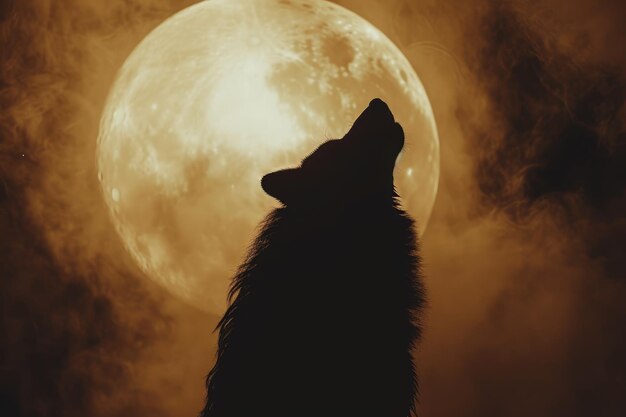 Un lobo se encuentra con confianza frente a una luna llena mostrando la majestuosa belleza de la naturaleza criaturas indomables la silueta de un hombre lobo aullando bajo una luna nebulosa generada por IA