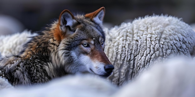 Foto lobo engañoso en ropa de oveja se transforma para mezclarse con el rebaño concepto transformación decepción mezclarse en camuflaje de vida silvestre depredador contra presa