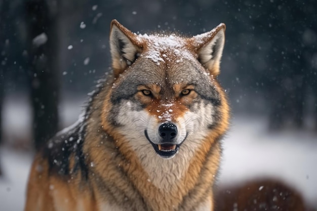 Lobo enojado Canis lupus con una sonrisa en invierno