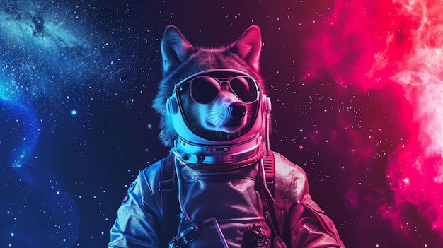 Lobo espacial bonito vestido com traje de astronauta com fundo de estrela da galáxia Ai Generative