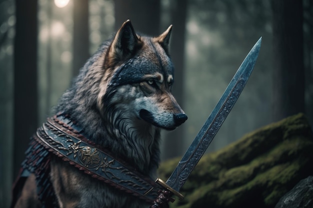 Un lobo con una espada en el bosque