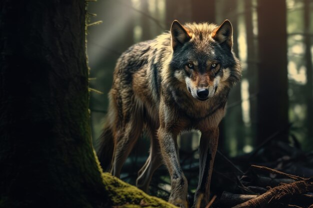 Un lobo está cazando en el bosque.