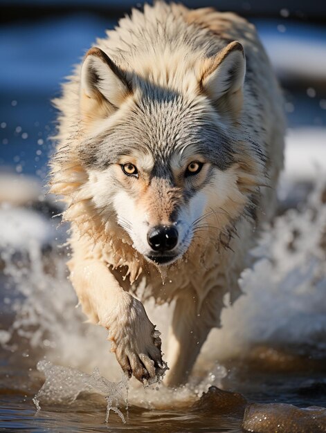 Un lobo está corriendo en el agua.