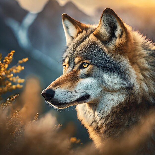 un lobo está frente a una montaña y el sol se está poniendo