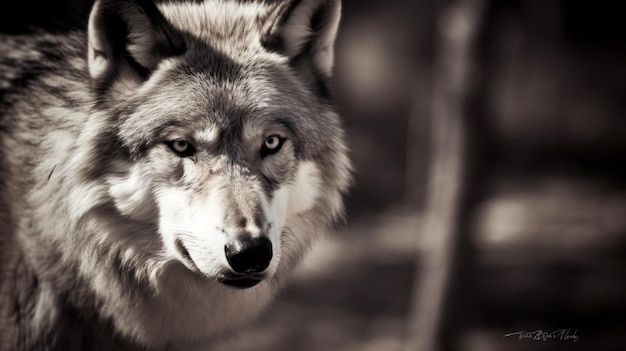 Un lobo está mirando a la cámara.