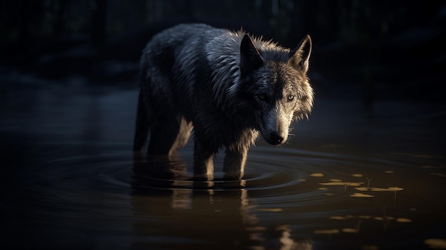 Un lobo está en la oscuridad con la luz sobregenerativa ai