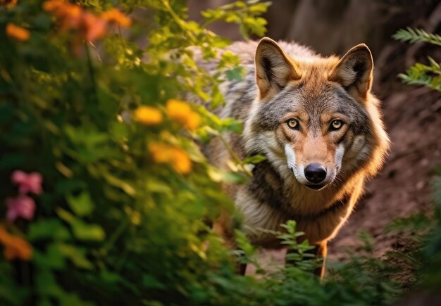 Lobo euroasiático en el primer plano del bosque