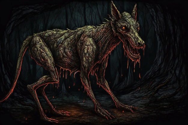 Un lobo de fantasía en un bosque oscuro con fuego.