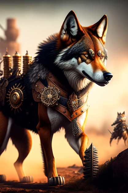 Un lobo de fantasía con un chaleco estilo steampunk y una cadena en el cuello