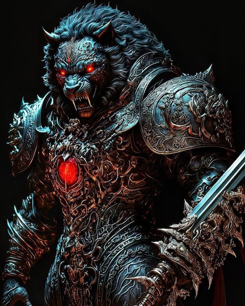 Un lobo de fantasía oscura con una espada y un corazón rojo.