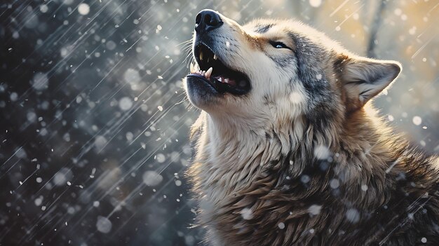 Foto el lobo feliz se alegra de la primera nieve.