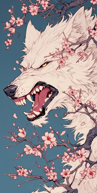 Foto el lobo feroz con las flores de cerezo ia generativa