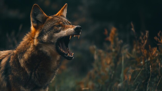Foto un lobo feroz gruñe mostrando sus afilados dientes de una manera amenazante con un fondo borroso de fol