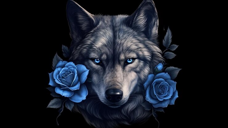 Lobo con flores azules sobre un fondo negrogenerativo ai