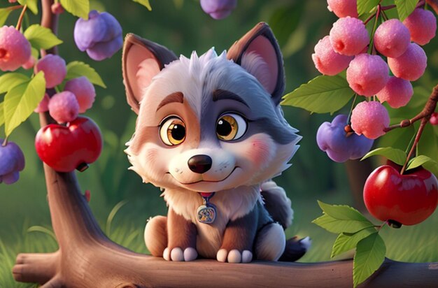 Lobo fofo de olhos arregalados em 3D com flores e frutas ao redor IA generativa