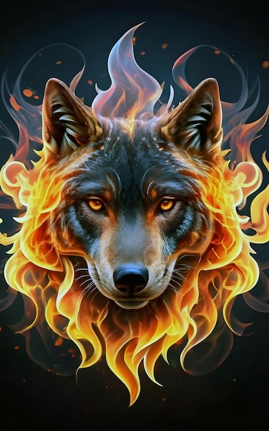 un lobo con un fondo ardiente y la palabra lobo en él