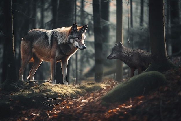 Un lobo en el fondo del bosque oscuro ai generado