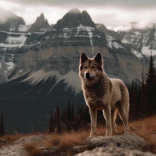 Foto el lobo en la foto de la montaña