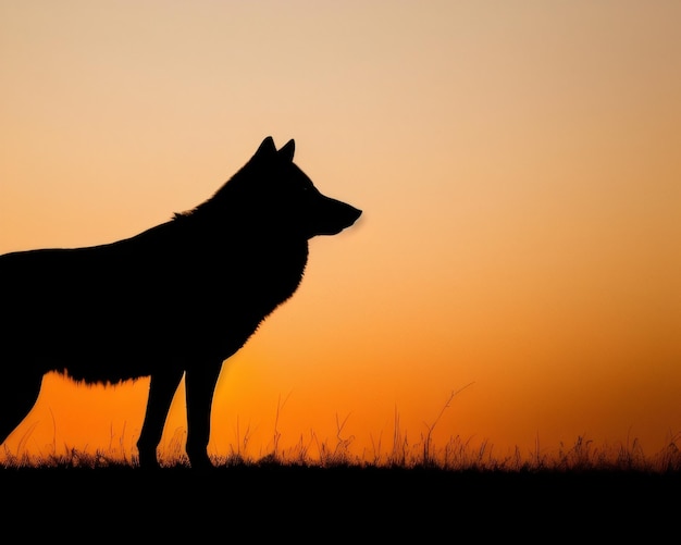 Un lobo se para frente a una puesta de sol con la palabra lobo en la espalda.