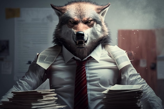 El lobo furioso en un traje rasga hojas de papel como un jefe loco AI