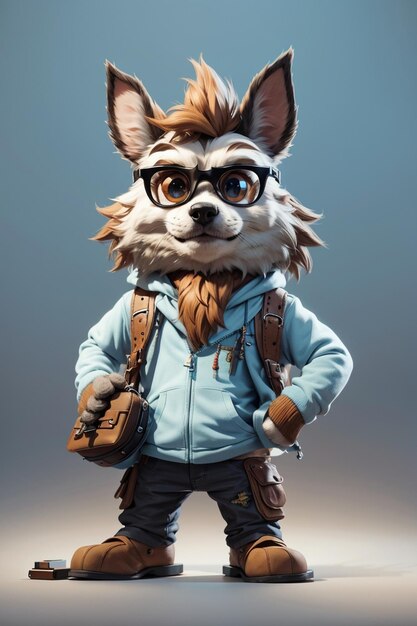 un lobo con gafas y una mochila con una mochila en ella