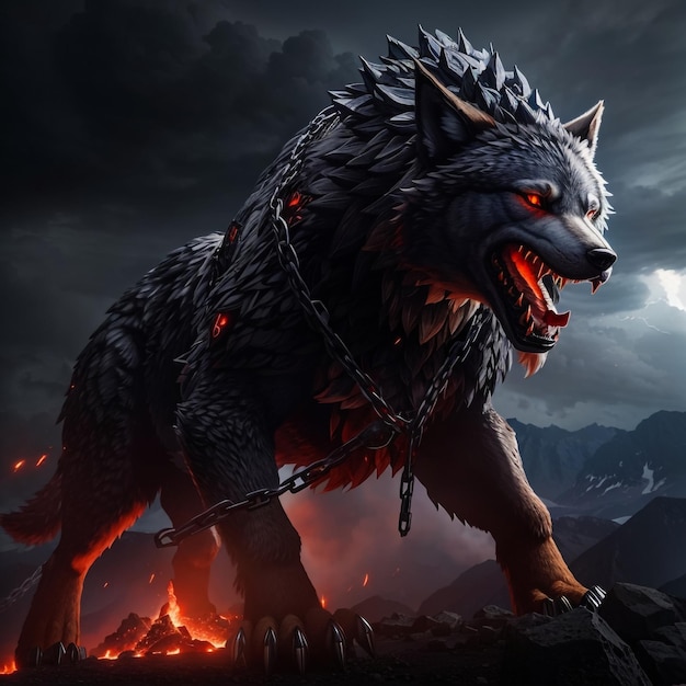 Un lobo gigante furioso de pie en el volcán