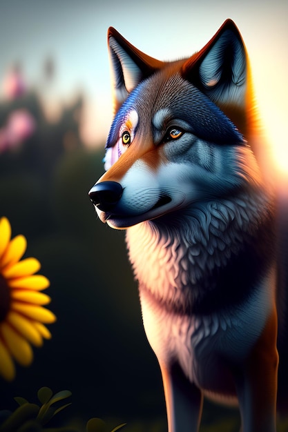 Un lobo con un girasol al fondo.