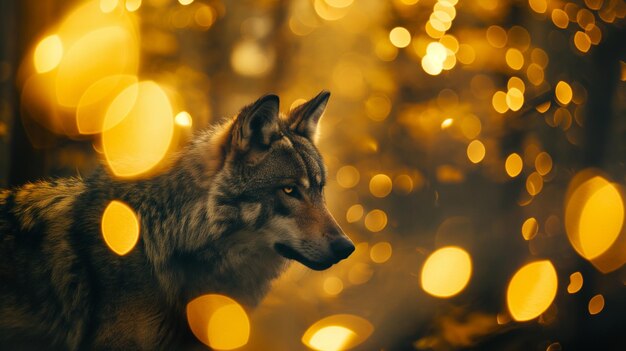 Lobo gris aislado y luces amarillas en el fondo