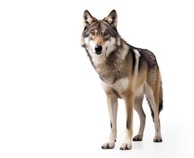 Lobo gris aullando aislado sobre fondo blanco