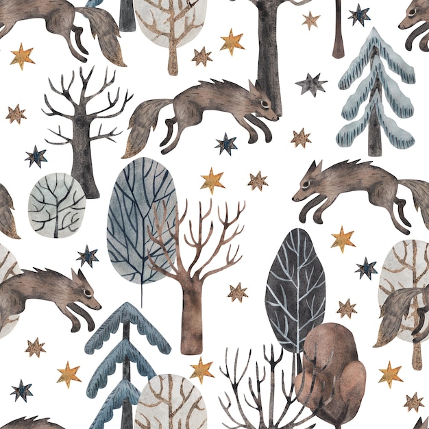 Lobo gris en el bosque Patrón sin costuras Ilustración acuarela en estilo de dibujos animados Texturas lindas para textiles para bebés diseño de telas papel tapiz para álbumes de recortes, etc.