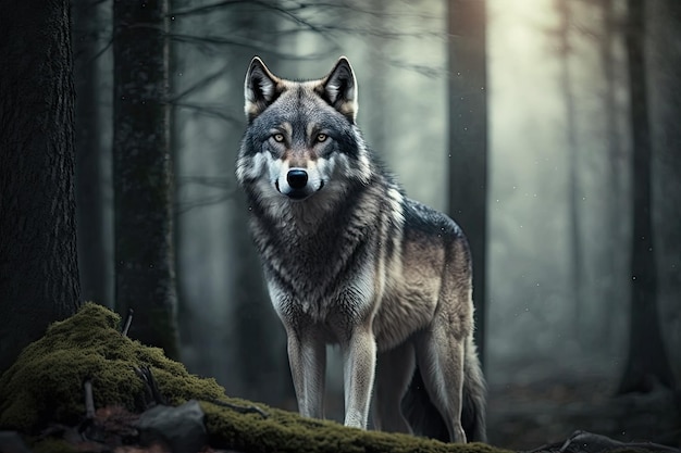 El lobo gris estaba en el bosque.