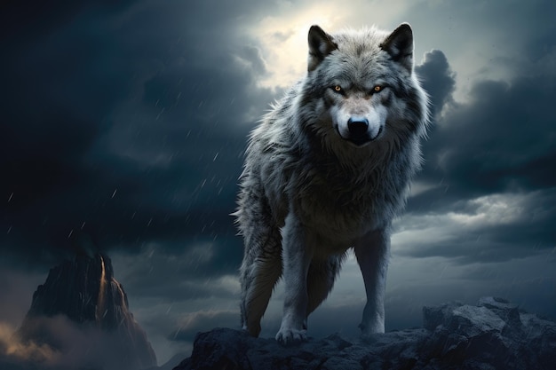 Lobo gris de pie en el borde de un acantilado con un cielo tormentoso Lobo de pie frente a la roca luna llena realismo mágico pintura mate wat criatura poderosa peligrosa generada por IA