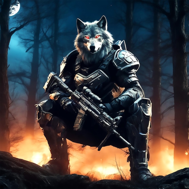Lobo guerreiro com armadura e armas futuristas em uma noite iluminada pela lua cheia em uma floresta assustadora 4k