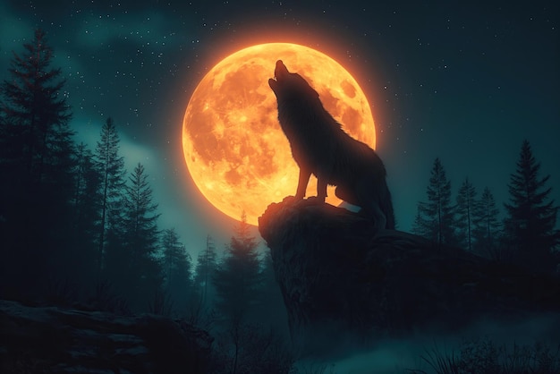 lobo hombre lobo aullando a la luna llena naranja en la cima de la montaña en el bosque por la noche