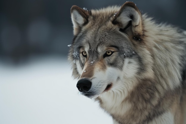 Lobo inspeccionando su territorio nevado con ojos penetrantes y mirada feroz