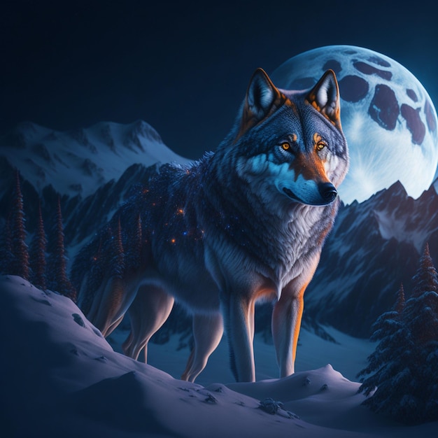 Un lobo de invierno con ojos de color vibrante de pie en un paisaje de invierno cinemático 4K iluminado b