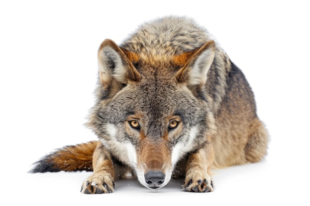 Lobo jovem olhando para a sua oração isolado no lobo branco