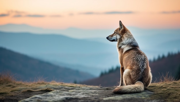 Un lobo joven sentado en la cima de una montaña.