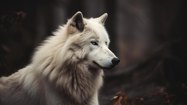 un lobo con un largo abrigo de piel está parado frente a un árbol.