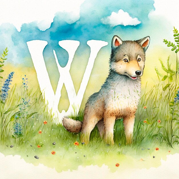 Lobo y la letra W Explorando la naturaleza y aprendiendo el alfabeto Ilustración de acuarela para niños ABC