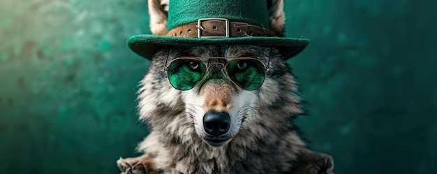 Lobo lindo con un sombrero y gafas de sol para el día de San Patricio. Venta o bandera de la fiesta del día de San Patrick.