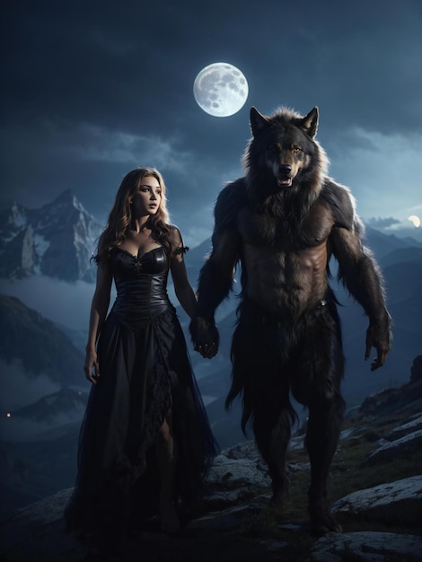 Foto lobo y lobo en una escena de montaña
