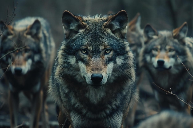 un lobo con un lobo en la espalda está mirando a la cámara