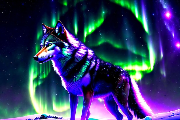 Lobo en las luces del norte multicolores Aurora borealis