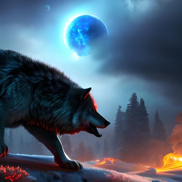 Un lobo con una luna azul de fondo.