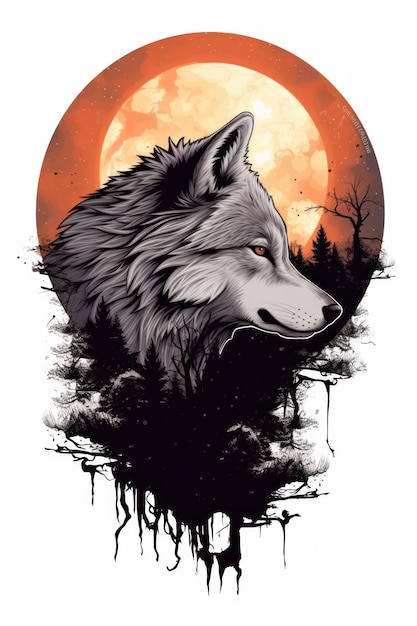 Lobo y luna Hermosa imagen de ilustración AI generativa