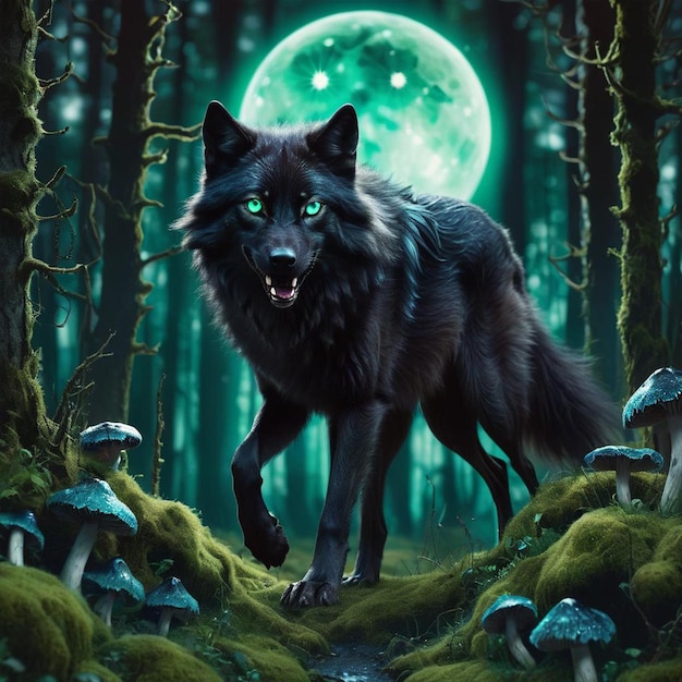 Un lobo con una luna llena en el fondo