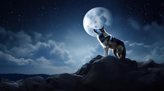 Lobo majestoso olhando para o céu iluminado pela lua Generative AI