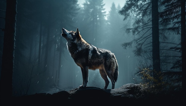 Lobo majestoso parado na silhueta assustadora da floresta gerada por IA